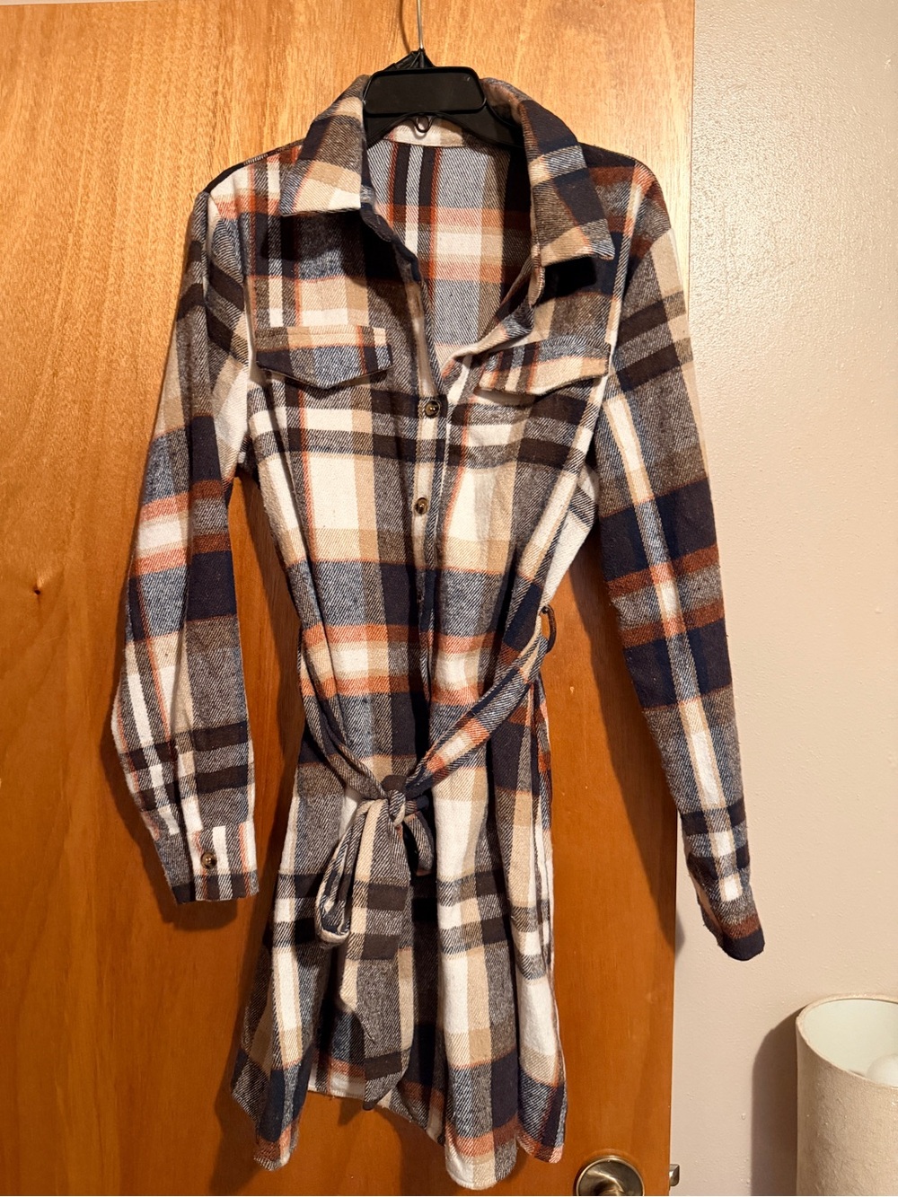 Cupshe Navy, Brown & Cream Plaid Belted Midi Shirt Dress